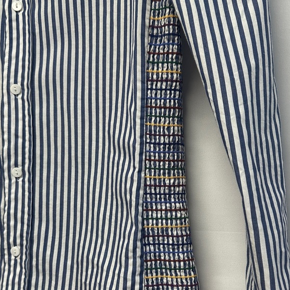 Greyson The Hero Blue White Striped Smocked Side Button Down Shirt XS - Picture 3 of 4